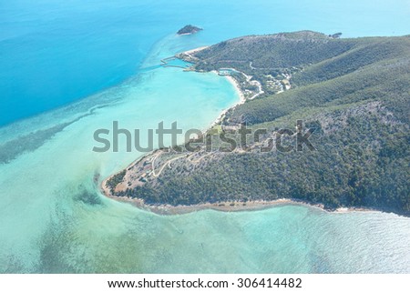 Aerial view of White heaven beach  in Whitsundays, Queensland, Australia,  sand mountains in ocean.