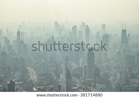 Shanghai, China - Feb. 24, 2016: aerial view of fog city.