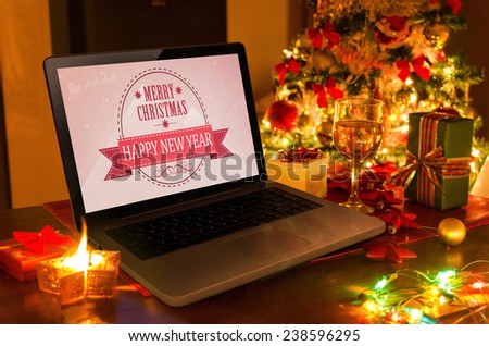 notebook computer, gifts, candles, fireplace, christmas tree, mock up