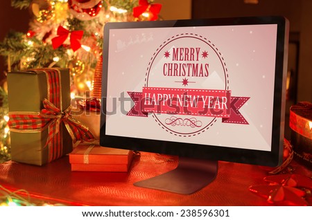 computer display, gifts, candles, fireplace, christmas tree, mock up