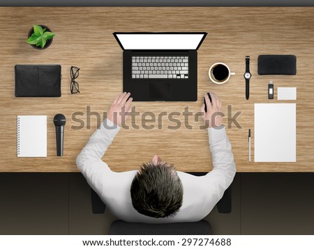 worker in office desk mockup scene with devices from top