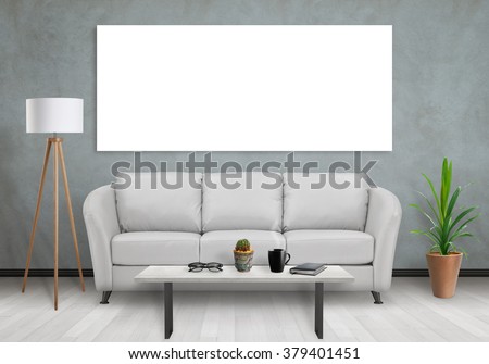 Isolated one wide wall art canvas. Sofa, lamp, plant and table in room interior.