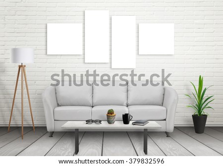 Art canvas on white brick wall. Four isolated. Sofa, lamp, plant, glasses, book, coffee on table in room interior.