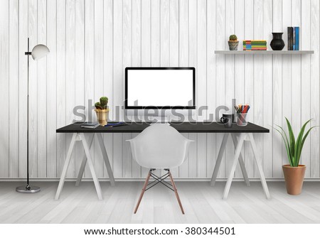 Modern office interior with computer on desk, plants, lamp, chair, shelf, books, wooden wall and floor.