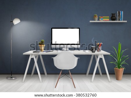 Modern office interior with computer on desk, plants, lamp, chair, shelf, books, blue wall and white floor.
