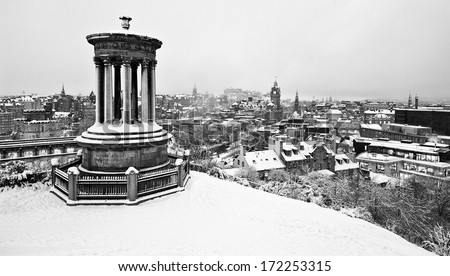 Horizontal black & white image of Edinburgh, view from Calton Hill, Scotland