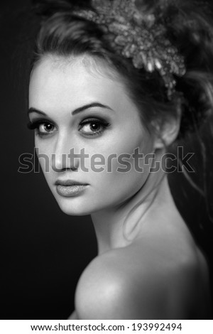 Vertical black & white image. Beauty Portrait. Perfect Fresh Skin closeup.  Pure Beauty Model. Youth and Skin Care Concept