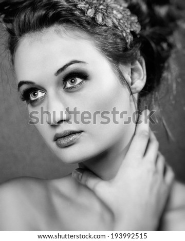 Vertical black & white image. Beauty Portrait. Perfect Fresh Skin closeup.  Pure Beauty Model. Youth and Skin Care Concept