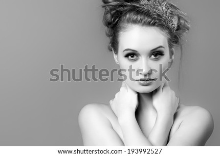 Horizontal black & white image. Beauty Portrait. Perfect Fresh Skin closeup.  Pure Beauty Model. Youth and Skin Care Concept