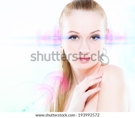 Horizontal color image. Special light rays effects. Beauty Portrait. Perfect Fresh Skin closeup.  Pure Beauty Model. Youth and Skin Care Concept. On white background.