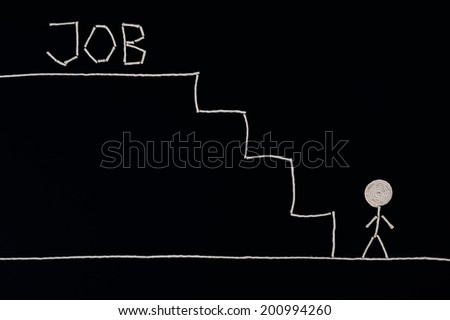Man at the bottom of the stairs looking for a job, ready to succeed, Unusual concept