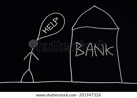 Man looking for financial help, going to bank, money concept, unusual