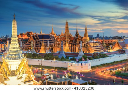 Grand palace and Wat phra keaw at sunset Bangkok, Thailand. Beautiful Landmark of Asia.  Temple of the Emerald Buddha. landscape of the capital city