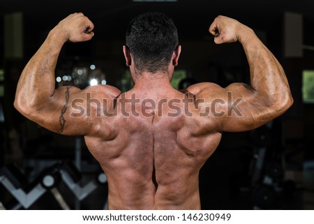 muscular body builder showing his back double biceps