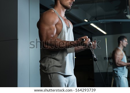 Exercise For Biceps With Cable. Young Bodybuilder Doing Heavy Weight Exercise For Biceps With Cable