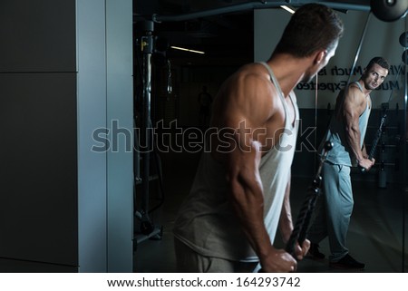 Exercise For Triceps With Cable. Fit Man On The Triceps Pull down Weight Machine At A Health Club