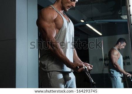 Biceps Workout. Young Bodybuilder Doing Heavy Weight Exercise For Biceps With Cable