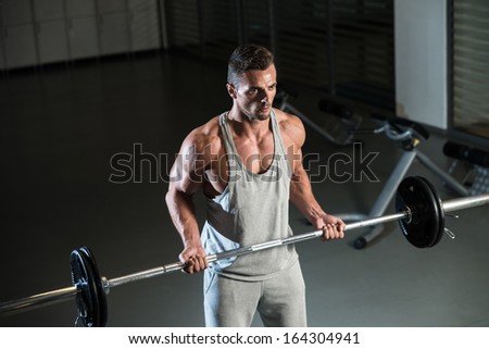 Biceps Workout. Young Athlete In The Gym Performing Biceps Curls With A Barbell