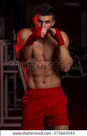 Mixed Martial Arts Fighter Ready To Fight - Muscular Boxer MMA Fighter Practice His Skills