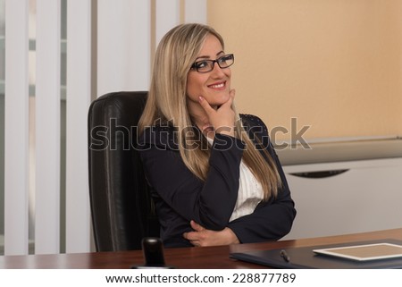 Happy Young Business Woman Work In Modern Office On Computer