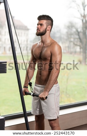 Young Handsome Man Exercise Triceps On Cable Machine
