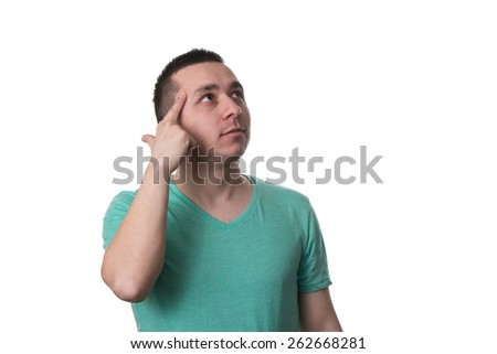 Portrait Of Man Thinking - Daydreaming Trying Hard To Remember Something Looking Up  - Isolated White Background