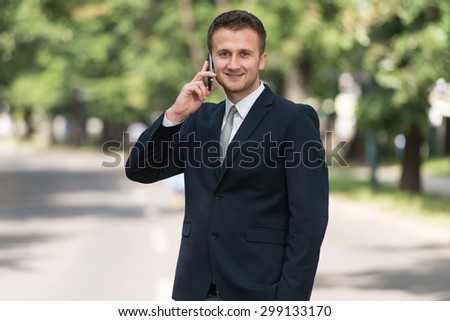 Young Businessman Talking On The Phone While Standing Outside In Park