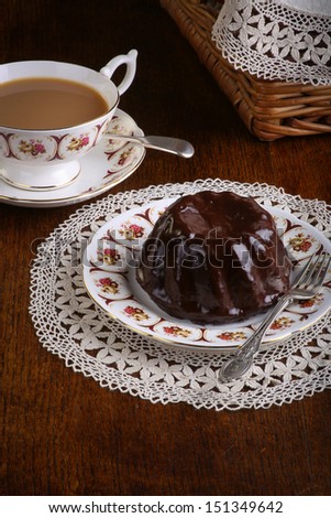 Mini Pound Cake - Chocolate hazelnut cake on old pictures tea cup and side plate on lace