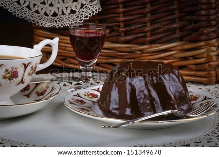 Mini Pound Cake - Chocolate hazelnut cake on old pictures tea cup, side plate on lace and red wine liquor