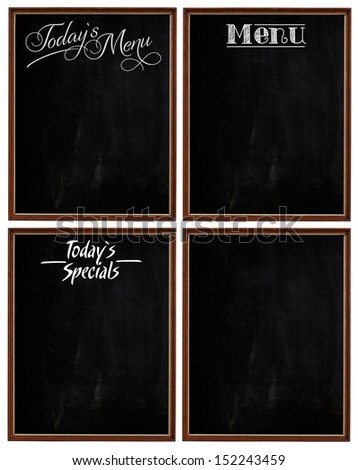 Group of Wooden Picture Frames Used As Today`s Specials, Today`s Menu, Menu Chalkboard Blackboard Isolated On White