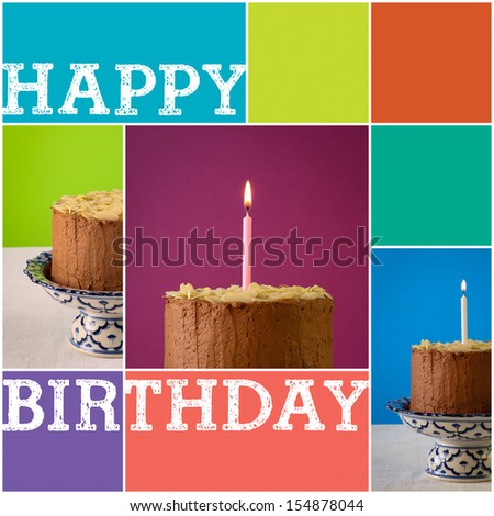 Set Collage Chocolate birthday party cake with almond flakes and burning candle on antique ceramic stand with blue pattern, purple background, white canvas