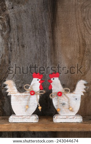 Funny welcome white chicken rooster hen country cottage kitchen wood shape sign decoration toy on old rough background with copy space