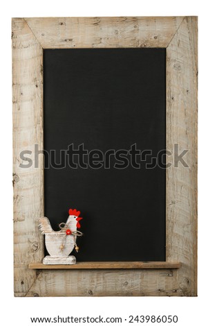 Vintage Easter chicken roosters with red hearts chalkboard blackboard in reclaimed old wooden frame isolated on white with copy space