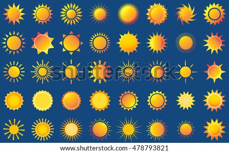 Sun vector burst icon set sol sunshine yellow color on blue background. Isolated flat element sunlight. Illustration weather symbol design for web and app.