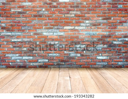 Brick wall and wooden floor, empty perspective room.