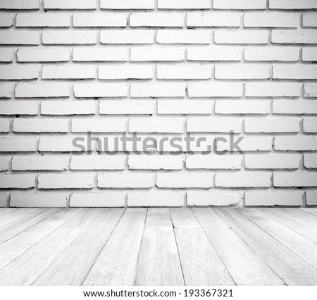 White brick wall and wooden floor, empty perspective room in light tone.