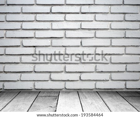 White brick wall and old wood floor, empty perspective room in light