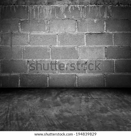 Cement block wall and cement floor room in perspective, dark tone.