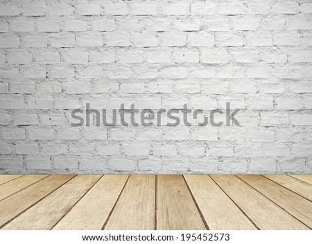 White brick wall and wood floor, empty perspective room.