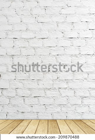White brick wall and wood floor, empty perspective room.