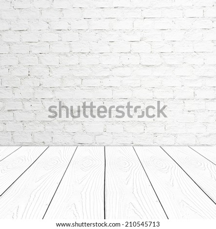 White brick wall and perspective white wood, Template, room, table.