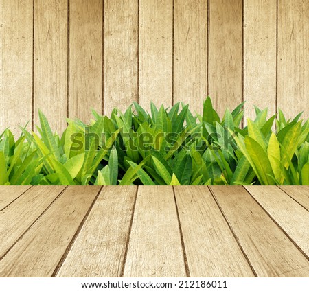 Green leaves and wooden tabletop and wall, background, template