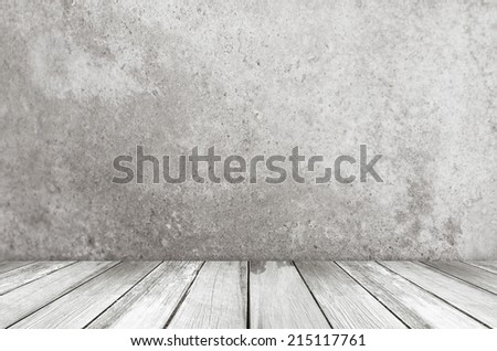 Gray cement wall and vintage wooden floor, perspective view, grunge background, template, display