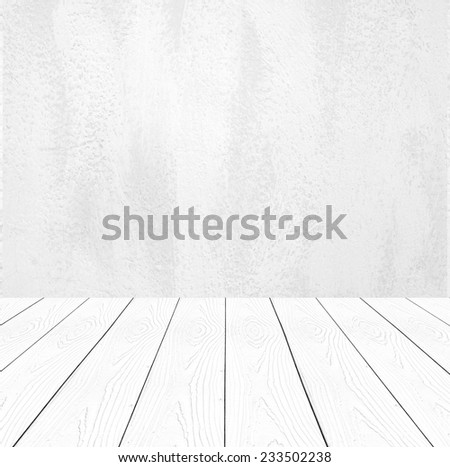 White cement wall and perspective white wood background,product display, template, room, table.