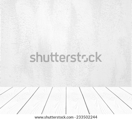 White cement wall and perspective white wood background,product display, template, room, table.