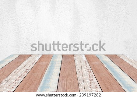Empty vintage wood table over white cement wall, vintage, background, template, display