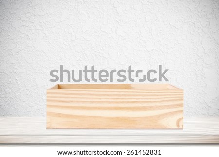 Wood storage box on white table  background, product display montage