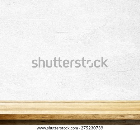 Empty wooden table over white cement wall, Product display, template