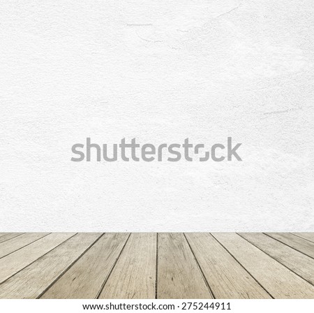 White cement wall and perspective vintage wood background,product display, template, room, table.