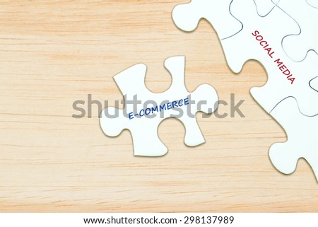 E-commerce and social media words on jigsaw puzzle background, digital marketing, success in business concept